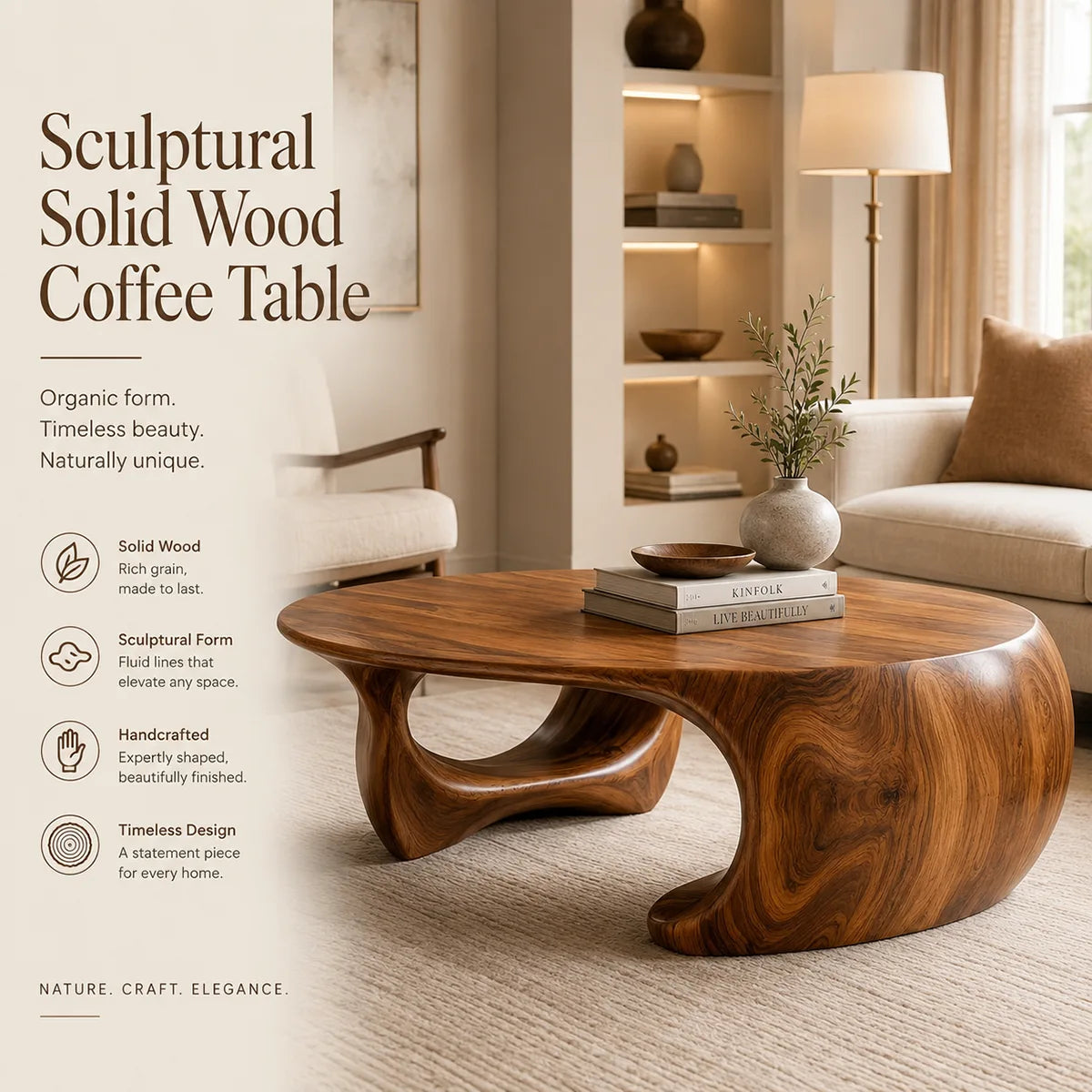 Organic Solid Wood Coffee Table | Sculptural Modern Oval Center Table TT006-2706