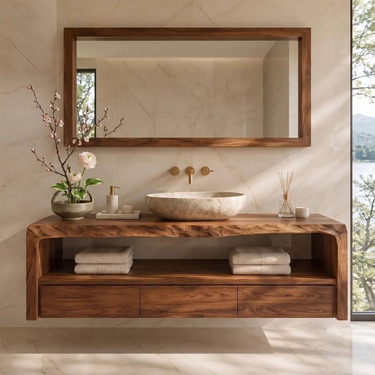 Floating Solid Wood Bathroom Vanity | Live Edge Bathroom Vanity with 3 Soft-Close Drawers and Open Shelf TT006-5FPH5WZ