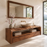 Floating Solid Wood Bathroom Vanity | Live Edge Bathroom Vanity with 3 Soft-Close Drawers and Open Shelf TT006-5FPH5WZ