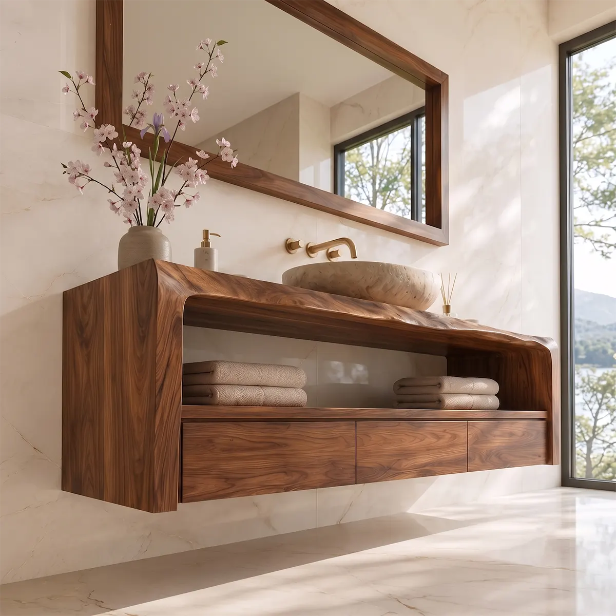 Floating Solid Wood Bathroom Vanity | Live Edge Bathroom Vanity with 3 Soft-Close Drawers and Open Shelf TT006-5FPH5WZ