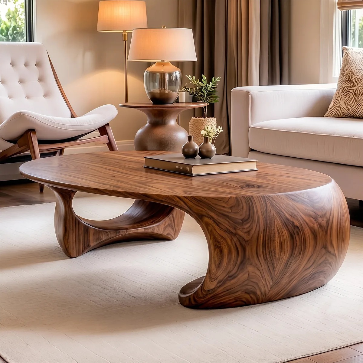 Organic Solid Wood Coffee Table | Sculptural Modern Oval Center Table TT006-2706