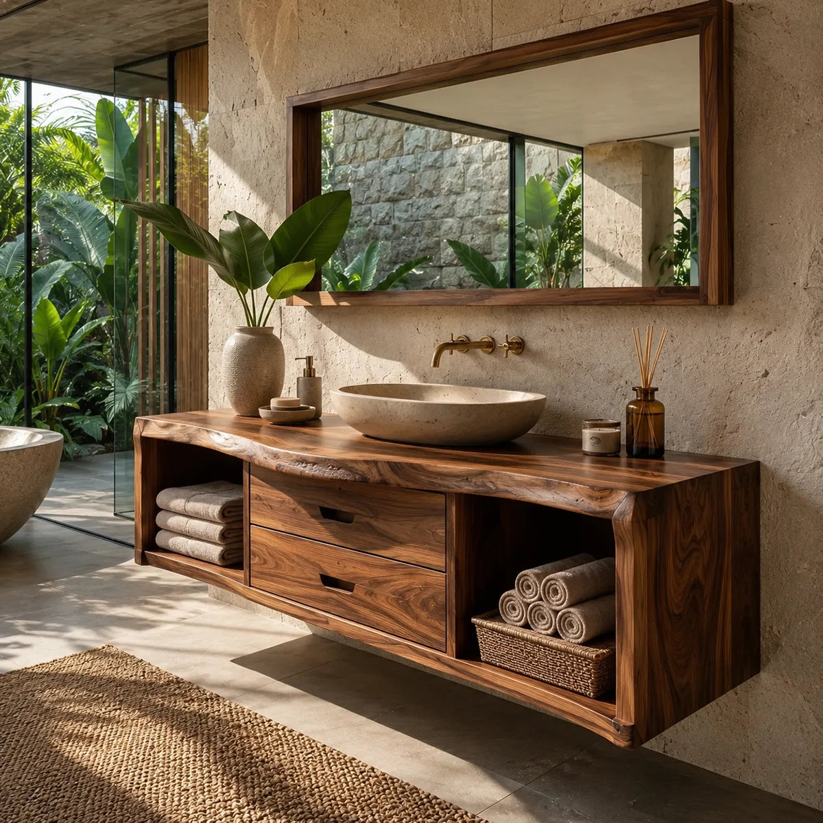 Floating Solid Wood Bathroom Vanity | Live Edge Bathroom Vanity with Double Drawers and Open Storage Shelves TT006-2IAU5HX