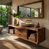 Floating Solid Wood Bathroom Vanity | Live Edge Bathroom Vanity with Double Drawers and Open Storage Shelves TT006-2IAU5HX
