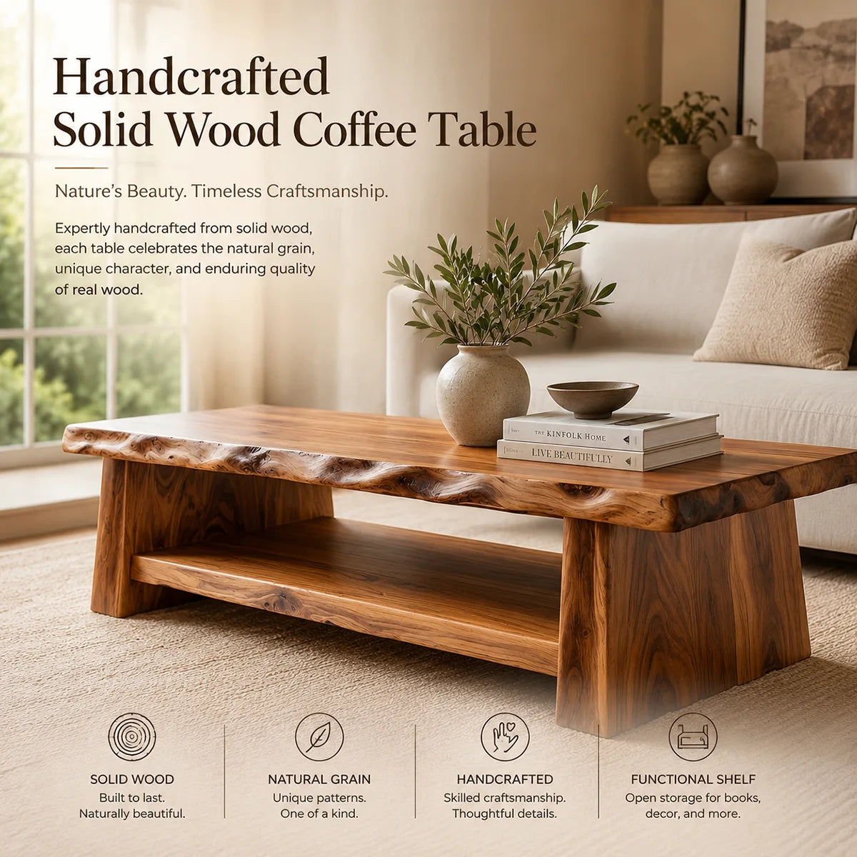 Solid Wood Live Edge Coffee Table | Rustic Modern Coffee Table with Storage Shelf TT006-9440
