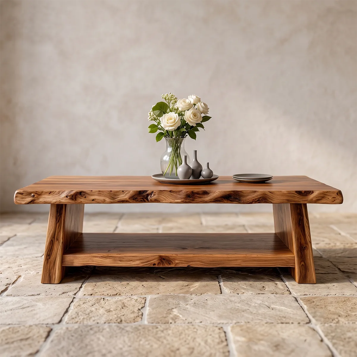 Solid Wood Live Edge Coffee Table | Rustic Modern Coffee Table with Storage Shelf TT006-9440