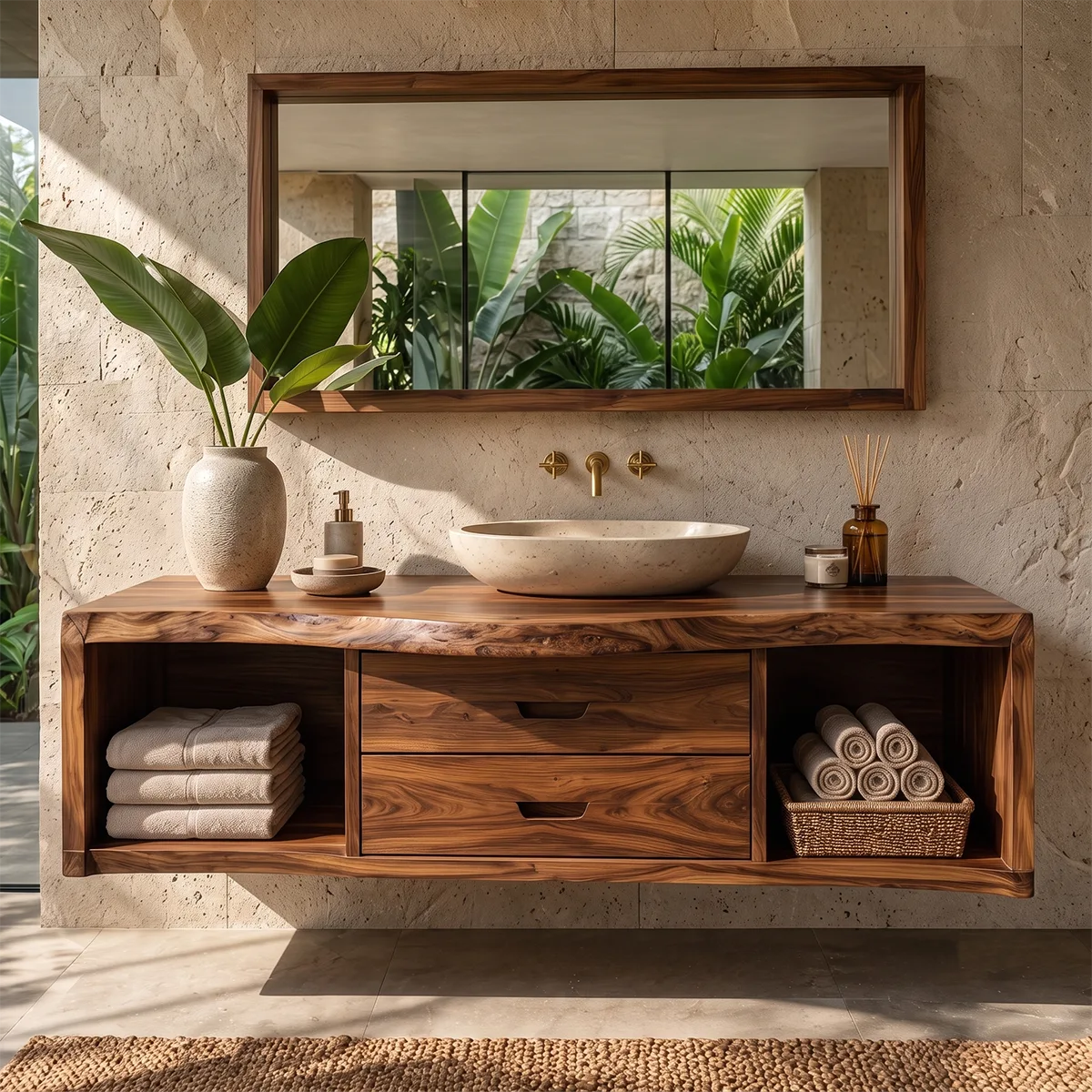Floating Solid Wood Bathroom Vanity | Live Edge Bathroom Vanity with Double Drawers and Open Storage Shelves TT006-2IAU5HX