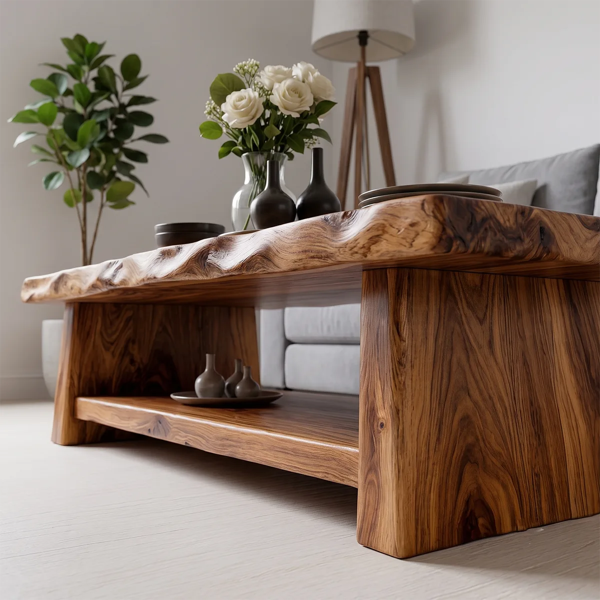 Solid Wood Live Edge Coffee Table | Rustic Modern Coffee Table with Storage Shelf TT006-9440