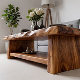 Solid Wood Live Edge Coffee Table | Rustic Modern Coffee Table with Storage Shelf TT006-9440