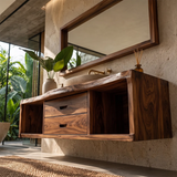 Floating Solid Wood Bathroom Vanity | Live Edge Bathroom Vanity with Double Drawers and Open Storage Shelves TT006-2IAU5HX