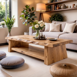 Solid Wood Live Edge Coffee Table | Rustic Modern Coffee Table with Storage Shelf TT006-9440