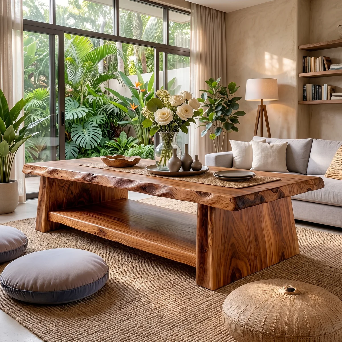Solid Wood Live Edge Coffee Table | Rustic Modern Coffee Table with Storage Shelf TT006-9440