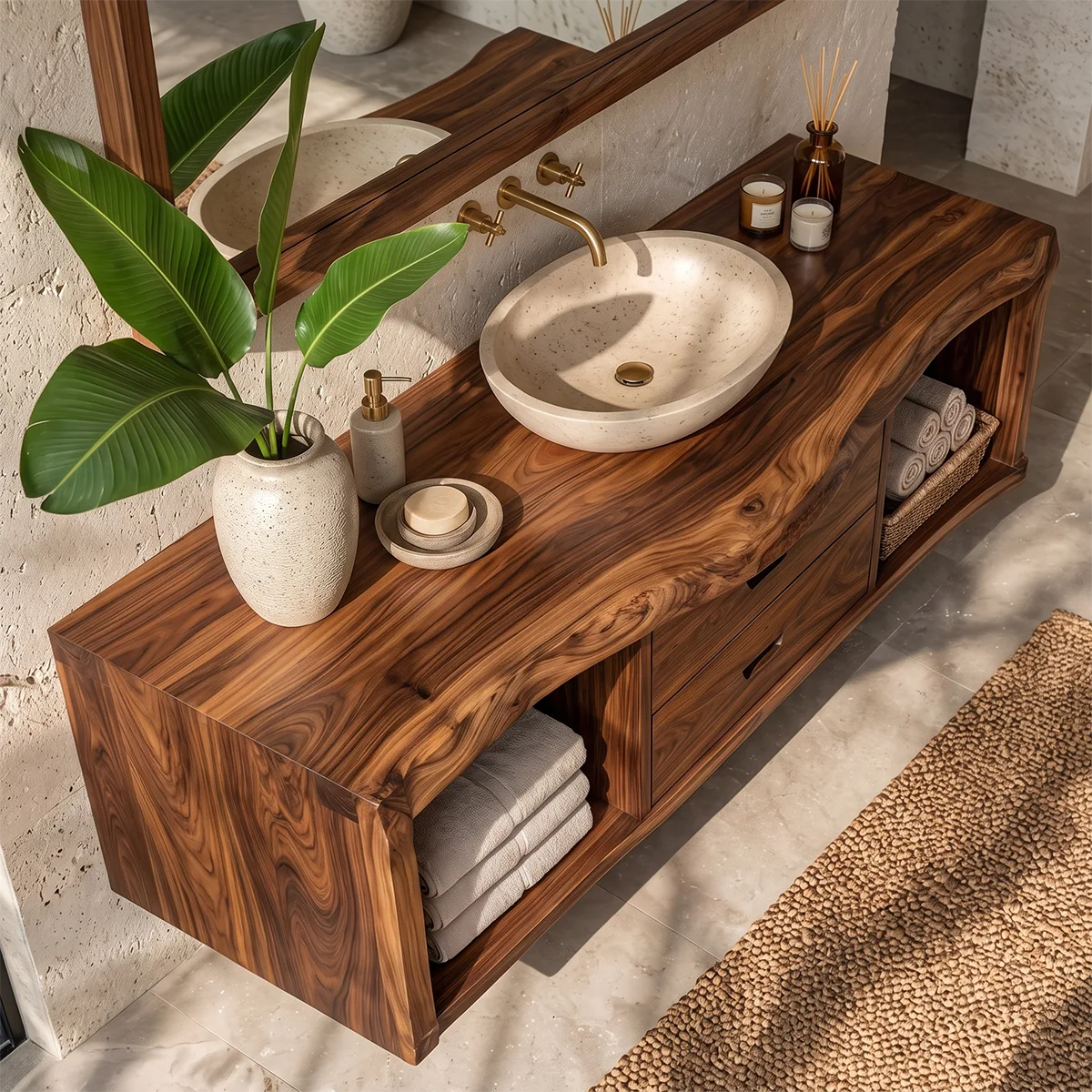 Floating Solid Wood Bathroom Vanity | Live Edge Bathroom Vanity with Double Drawers and Open Storage Shelves TT006-2IAU5HX
