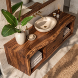 Floating Solid Wood Bathroom Vanity | Live Edge Bathroom Vanity with Double Drawers and Open Storage Shelves TT006-2IAU5HX