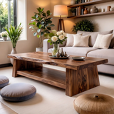 Solid Wood Live Edge Coffee Table | Rustic Modern Coffee Table with Storage Shelf TT006-9440