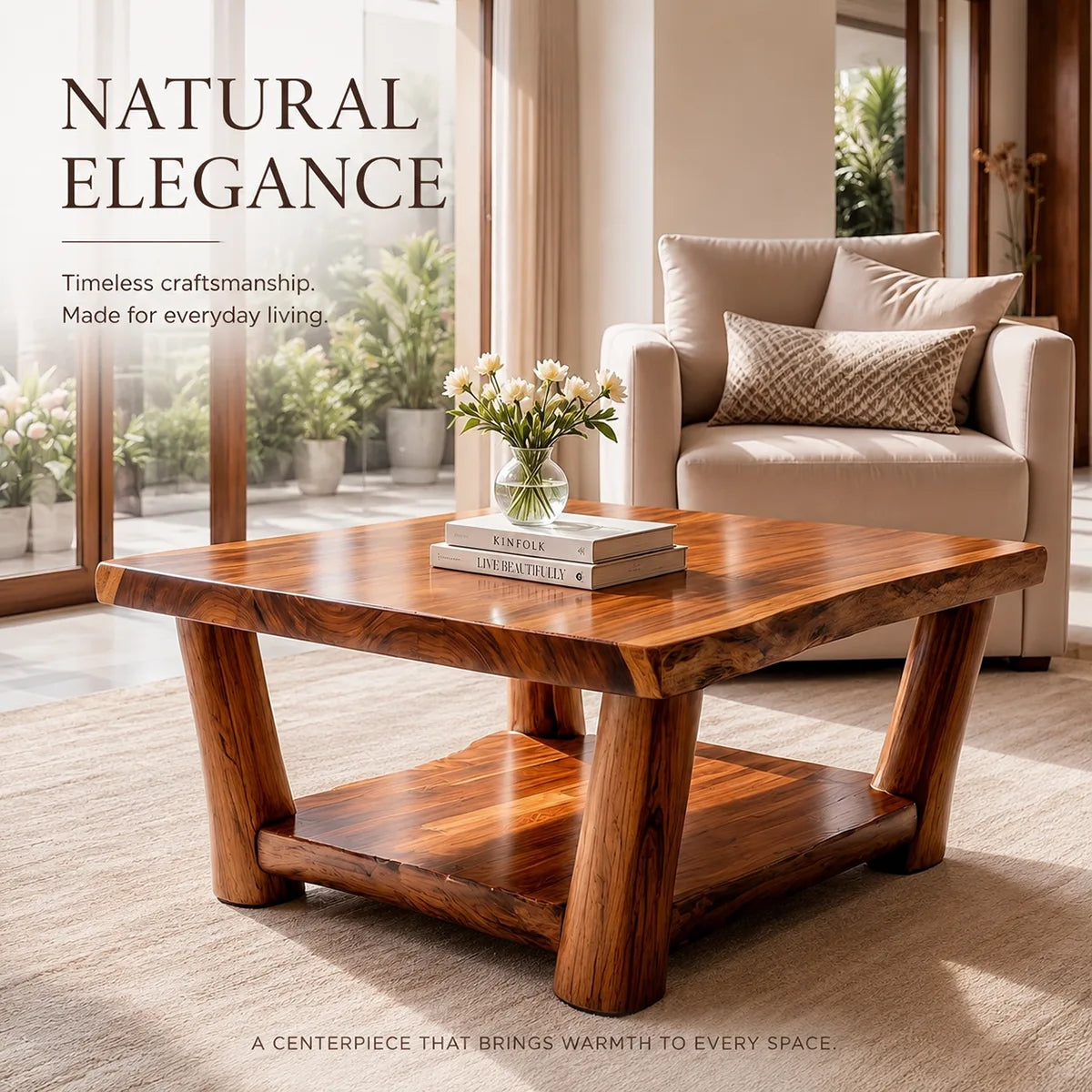 Solid Wood Square Coffee Table | Modern Rustic Coffee Table with Storage Shelf TT006-4921