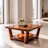 Solid Wood Square Coffee Table | Modern Rustic Coffee Table with Storage Shelf TT006-4921