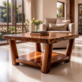 Solid Wood Square Coffee Table | Modern Rustic Coffee Table with Storage Shelf TT006-4921