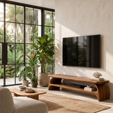 Organic Modern TV Stand with Sculptural Open Shelf & Curved Waterfall Design TT006-2BHV8AL