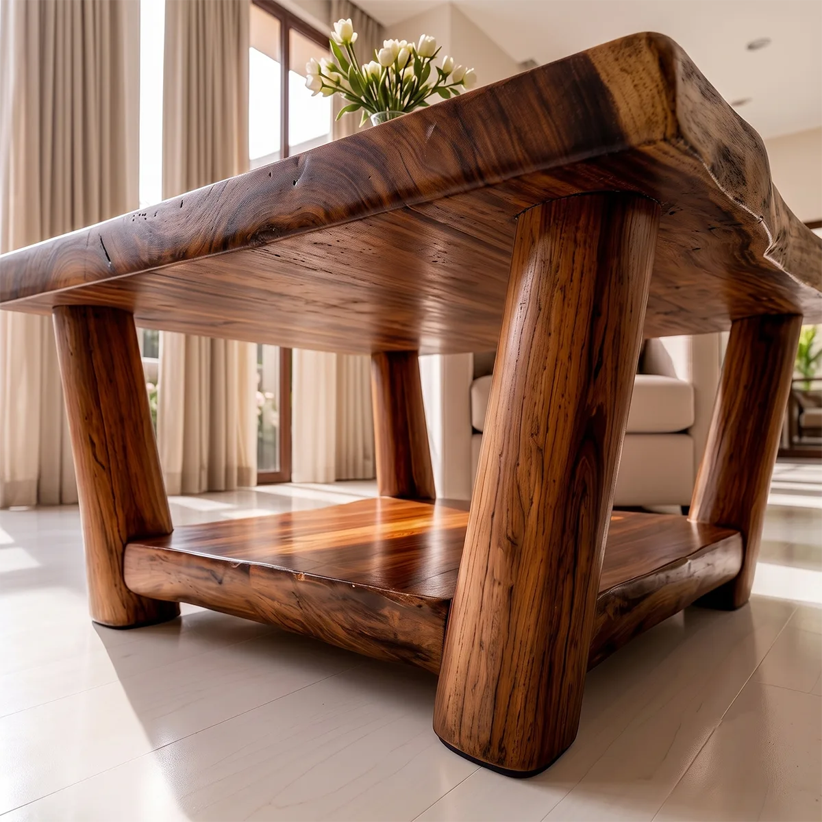 Solid Wood Square Coffee Table | Modern Rustic Coffee Table with Storage Shelf TT006-4921