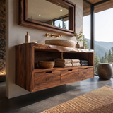 Floating Solid Wood Bathroom Vanity | Live Edge Bathroom Vanity with Three Soft-Close Drawers and Open Shelf TT006-3KMK1JL