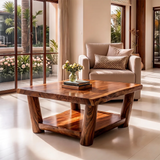 Solid Wood Square Coffee Table | Modern Rustic Coffee Table with Storage Shelf TT006-4921