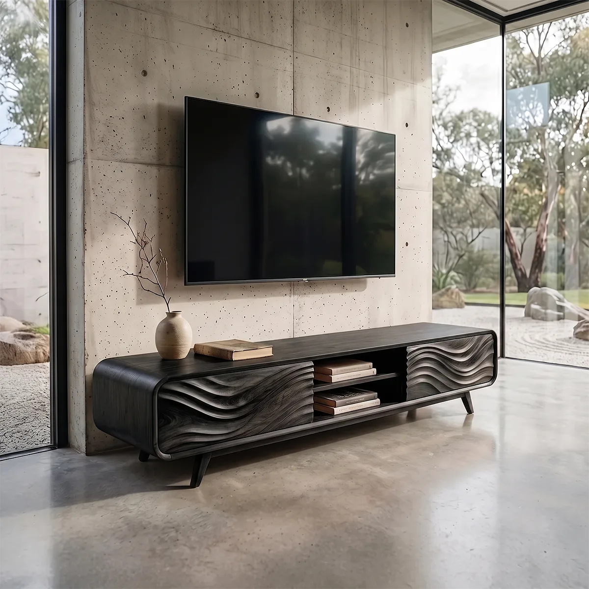 Wave Carved TV Stand with Cabinets & Open Shelves | Modern Media Console TH003-5DZA7TF