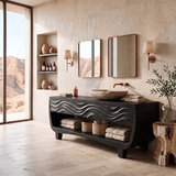 Sculptural Bathroom Vanity with Carved Wave Drawers & Open Storage Shelf