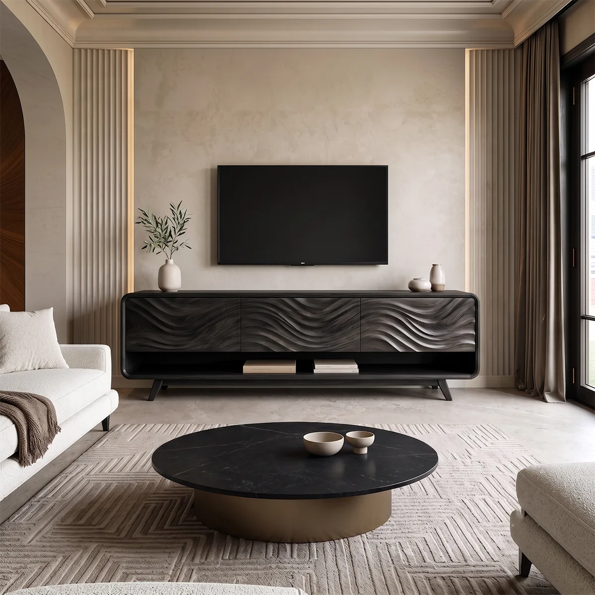 Wave Carved TV Stand with 3 Drawers & Open Shelf | Modern Media Console TH003-7KHK3MC