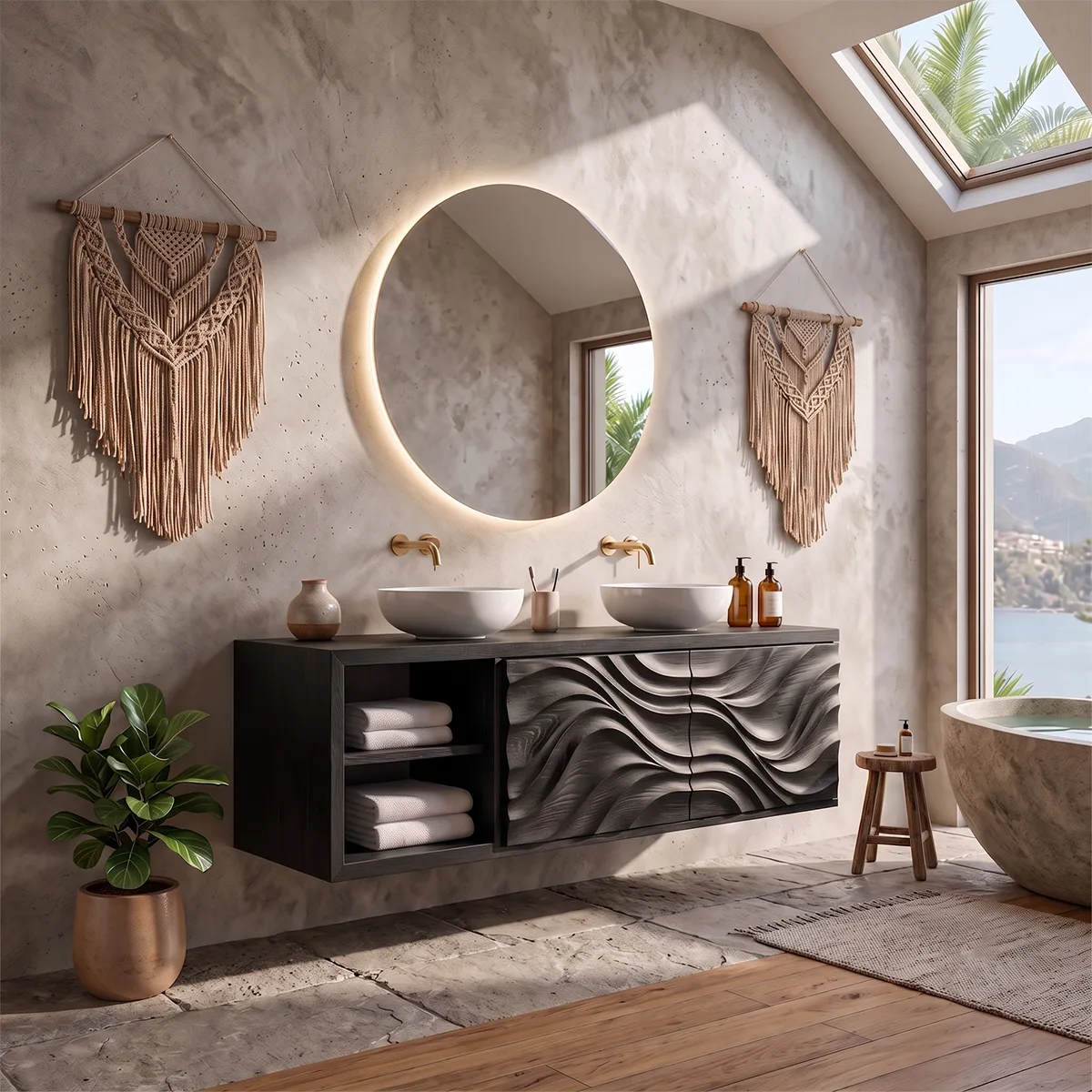 Double Sink Floating Bathroom Vanity with 2 Sculpted Doors | Modern Wall Mounted Vanity TH003-3PGW8ZW
