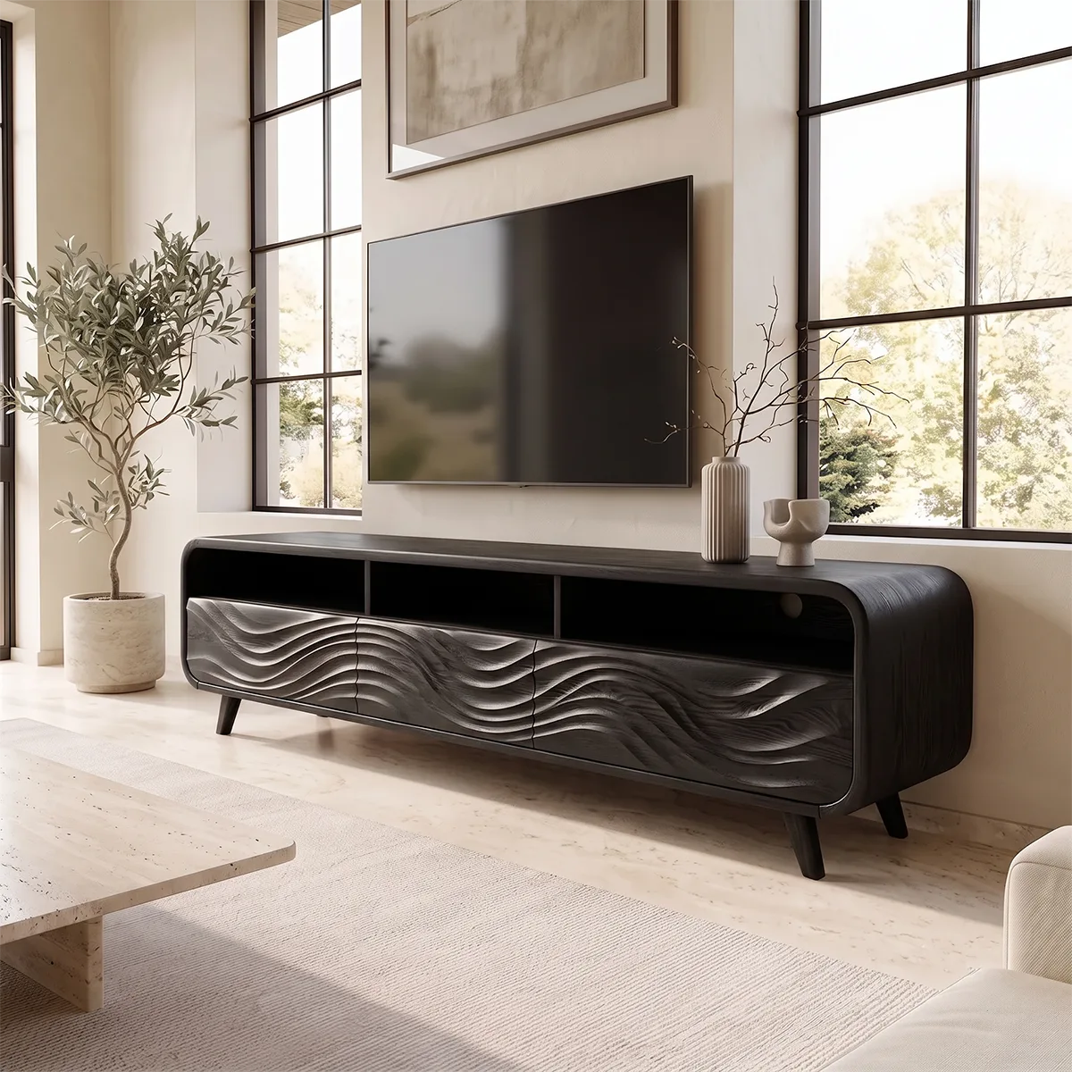 Wave Carved TV Stand with 3 Drawers & Open Shelves | Modern Media Console TH003-5GTN4YH