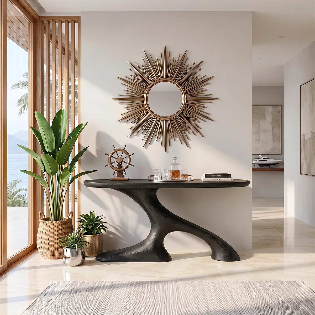 Organic Sculptural Console Table | Modern Entryway Console Table with Flowing Curved Pedestal Base TH003-9707