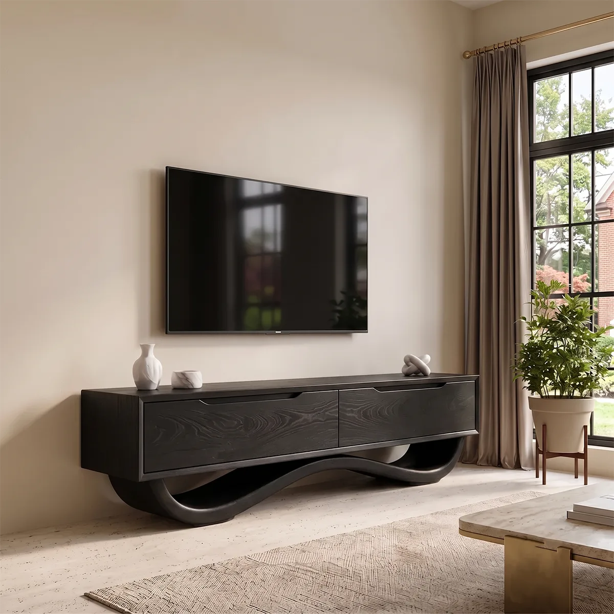 Sculptural TV Stand with 2 Drawers | Organic Modern Media Console TH003-3LLI8QY