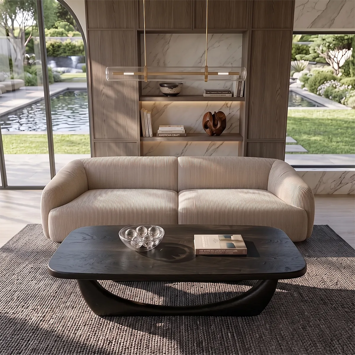 Sculptural Coffee Table with Curved Base | Organic Modern Rounded Rectangle Center Table