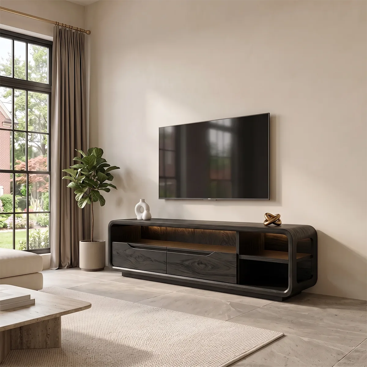 Curved TV Stand with 2 Drawers & Open Shelves | Modern Media Console TH003-5KNE4OQ