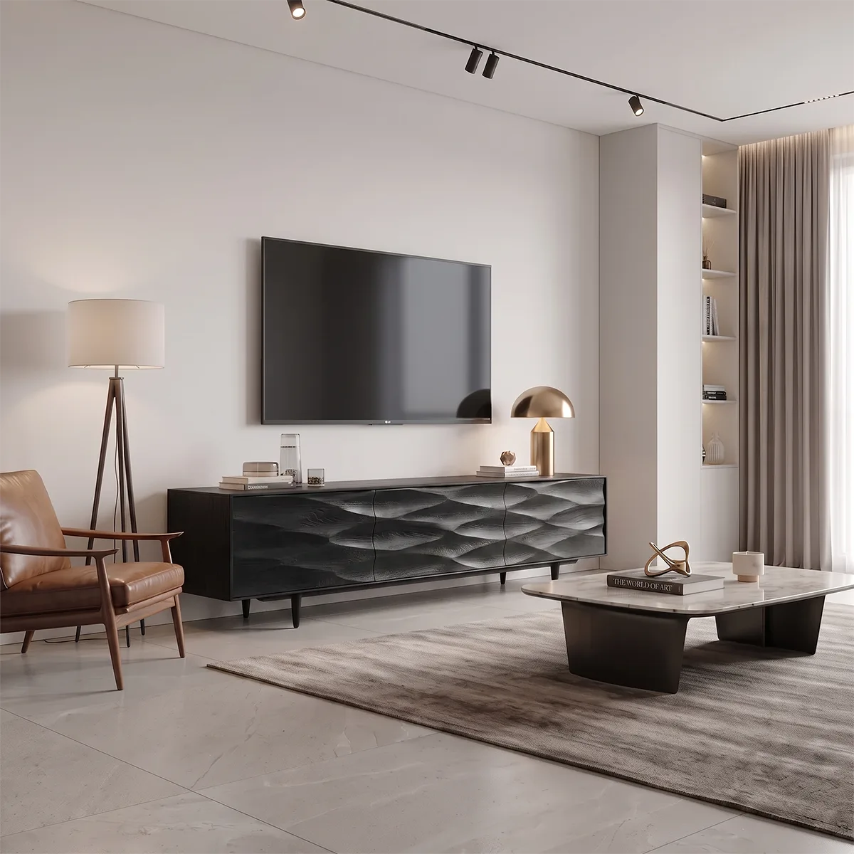 Sculptural Wave 3-Door TV Stand | Modern Carved Media Console
