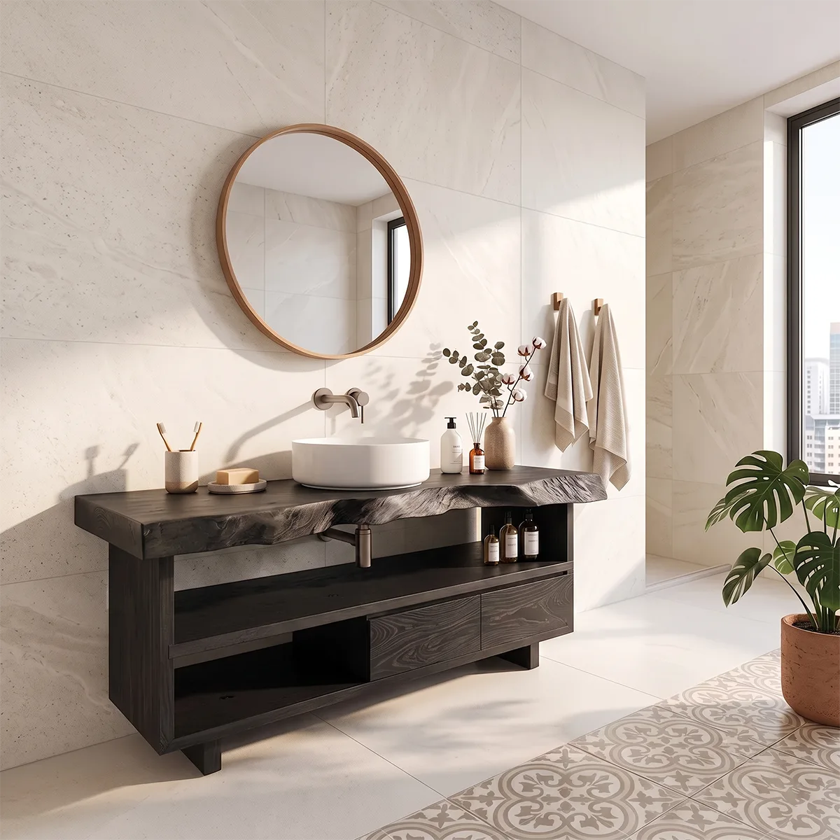 Live Edge Bathroom Vanity with Open Shelf & Drawers | Modern Organic Bathroom Cabinet