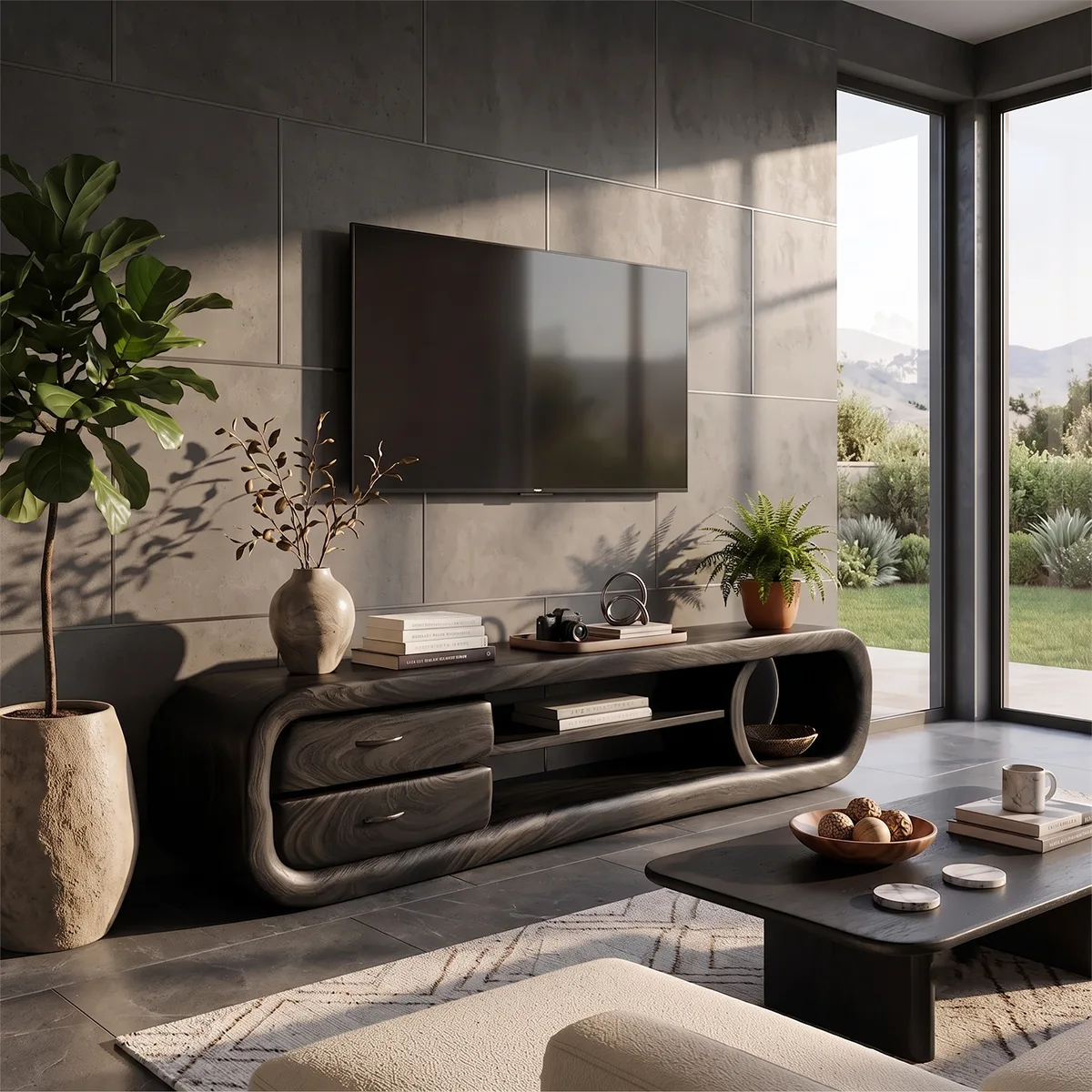 Organic Modern TV Stand with Sculptural Frame & Storage Drawers | Designer Media Console TH003-6JMS7OZ