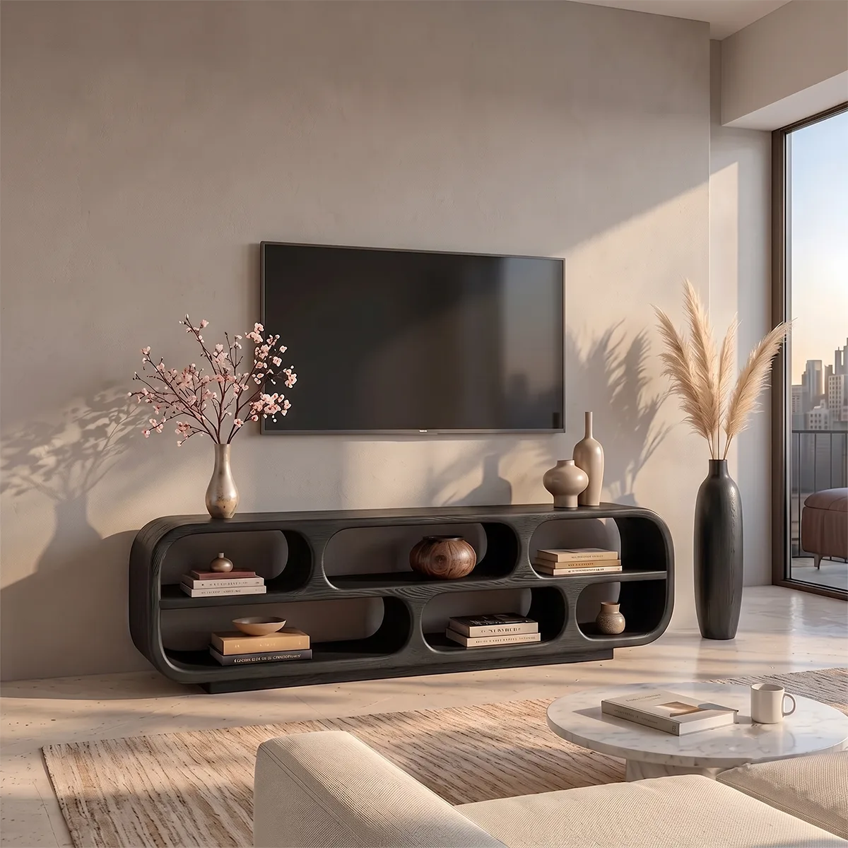 Sculptural Curved TV Stand with 6 Open Shelves | Modern Media Console