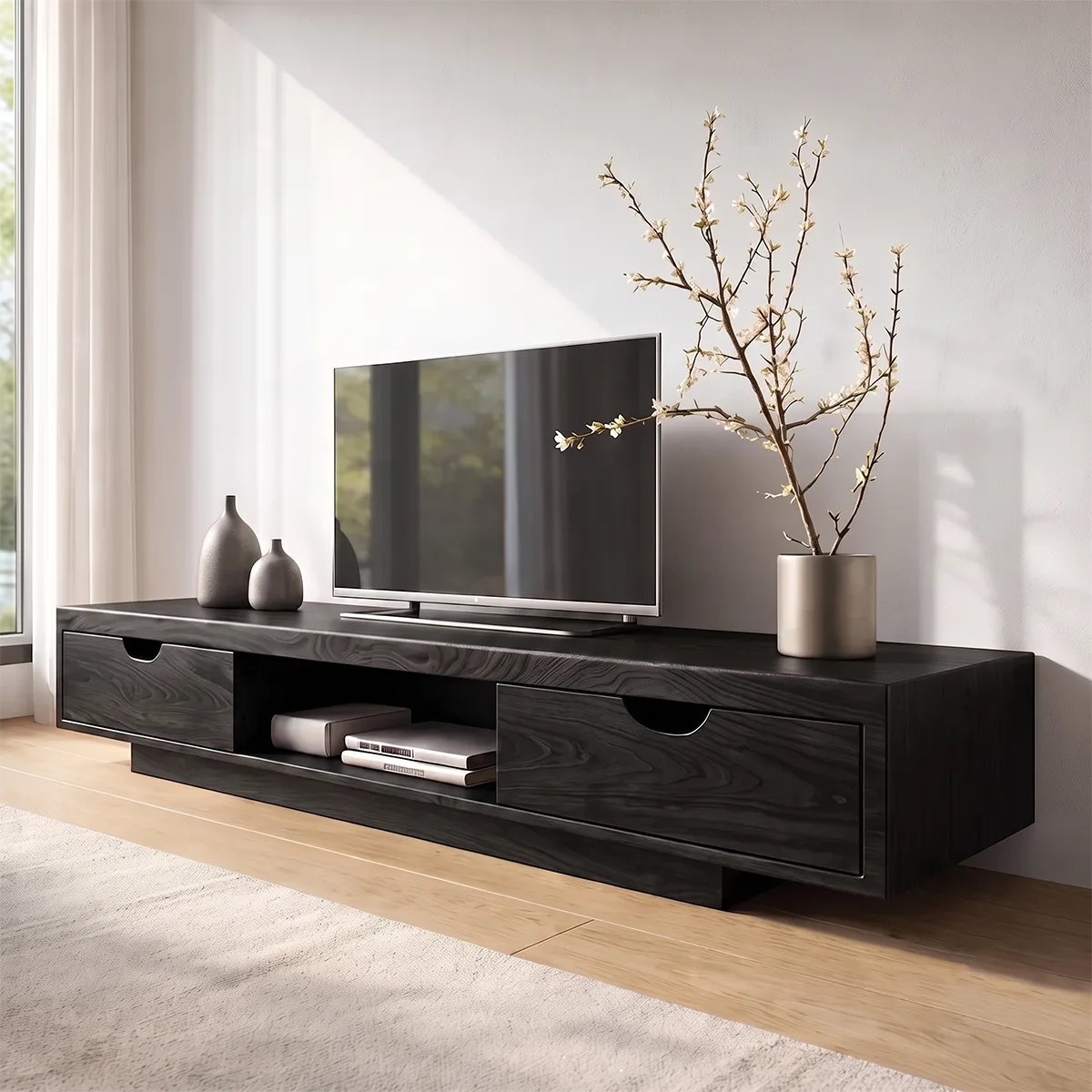 Modern TV Stand with 2 Drawers & Open Shelf | Low Profile Media Console