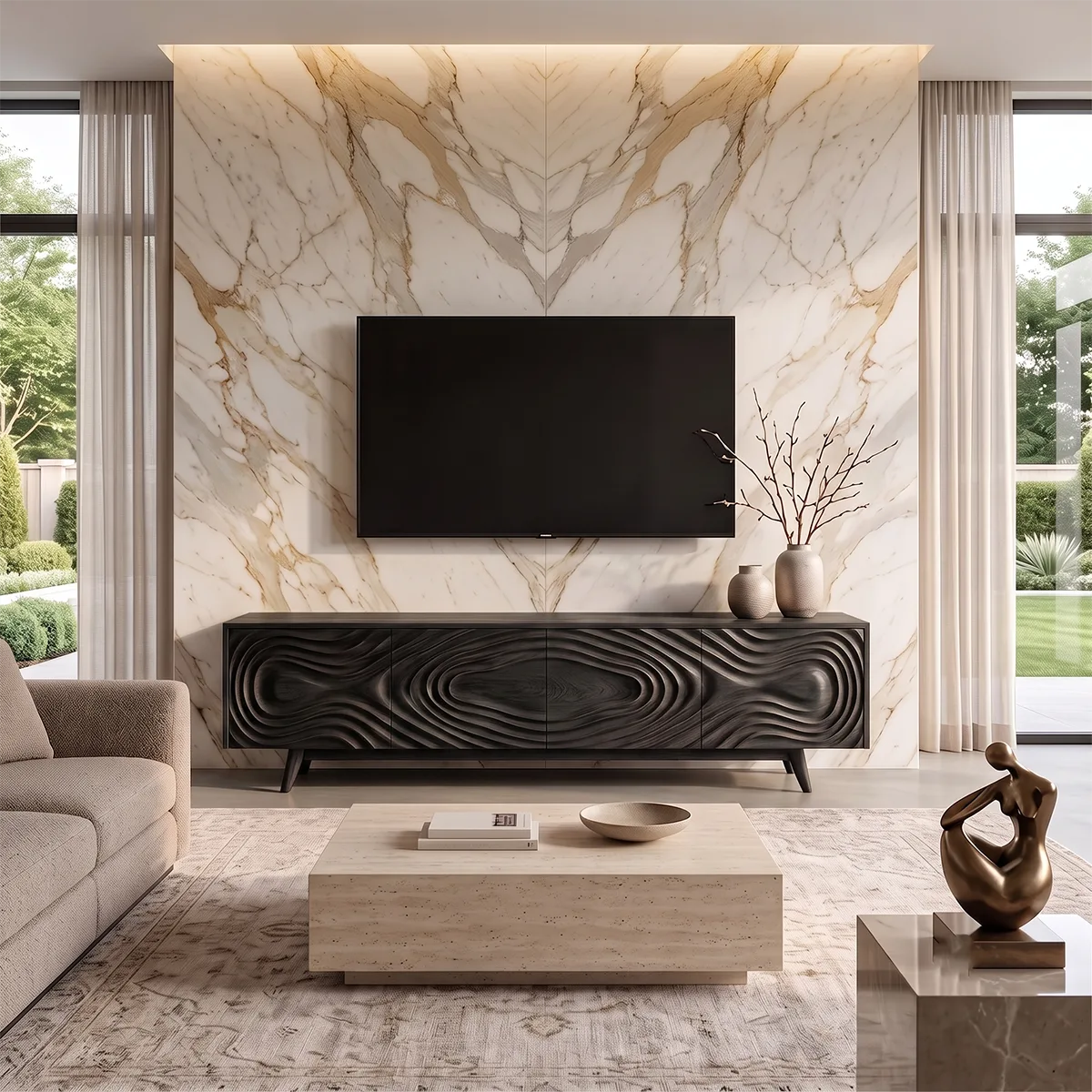 Topographic Relief TV Stand with Dual Cabinets & Center Drawers | Modern Media Console TH003-1QEW8AF