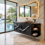 Sculptural Floating Bathroom Vanity with Artistic Wave Front & Open Side Shelves