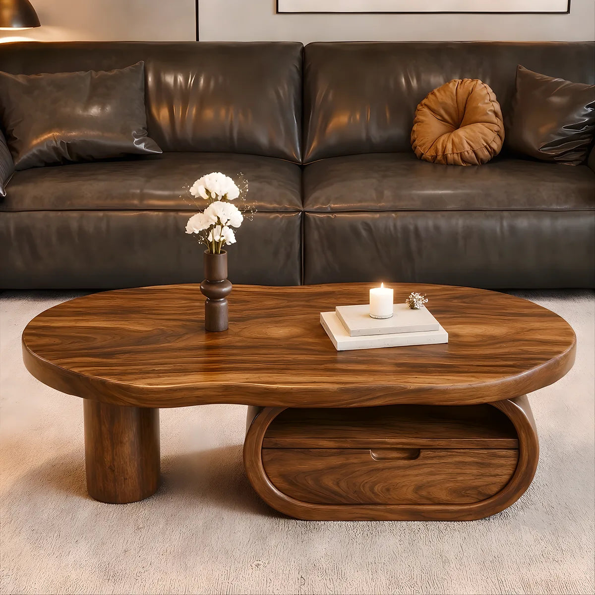 Organic Wood Coffee Table with Drawer and Open Shelf | Sculptural Oval Living Room Center Table