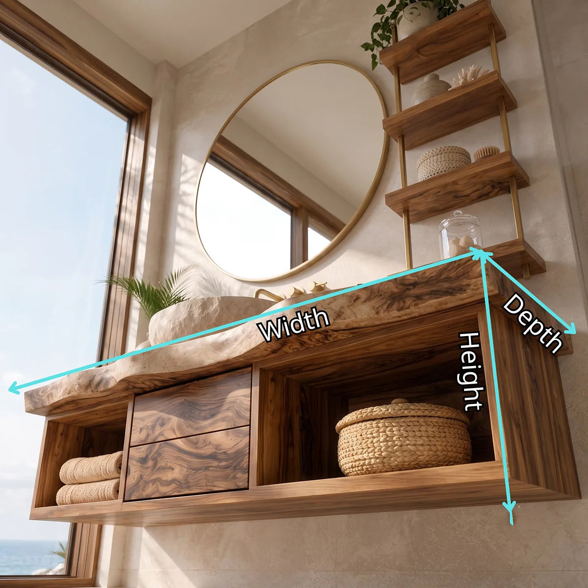 Floating Solid Wood Bathroom Vanity | Modern Wall Mounted Bathroom Vanity with Storage