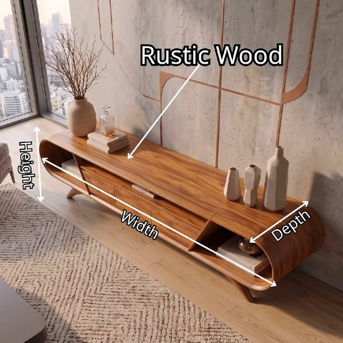 Modern Curved TV Stand with 3 Drawers & 3 Open Storage Areas | Sculptural Media Console