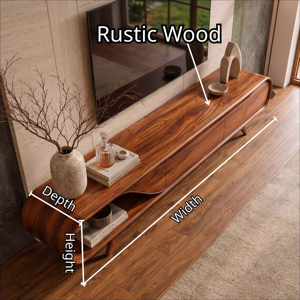 Sculptural Curved TV Stand with 2 Concealed Storage Compartments & Open Shelf | Modern Media Console