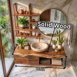 Floating Solid Wood Bathroom Vanity with Drawers & Open Shelf | Wall Mounted Bathroom Vanity with Live Edge Countertop TT006-5OAT6SE