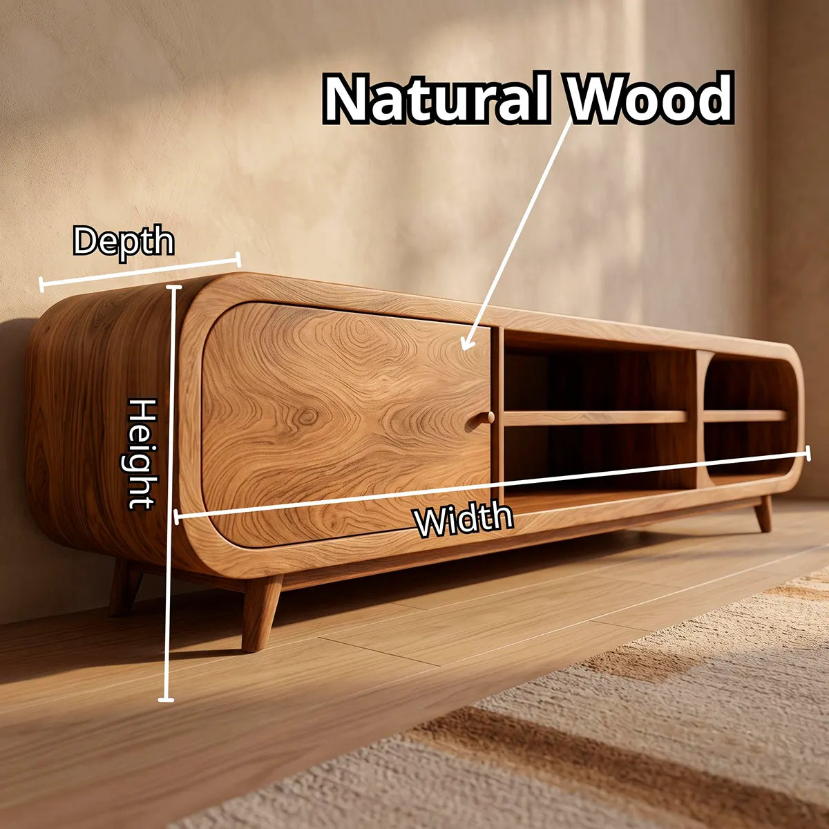 Modern TV Stand with Enclosed Storage & 4 Open Shelves | Curved Media Console