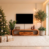 Modern Curved TV Stand with 2 Drawers & Open Storage | Low Profile Media Console