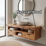 Floating Solid Wood Bathroom Vanity | Modern Bathroom Vanity with Double Drawers and Open Shelf TT006-4876