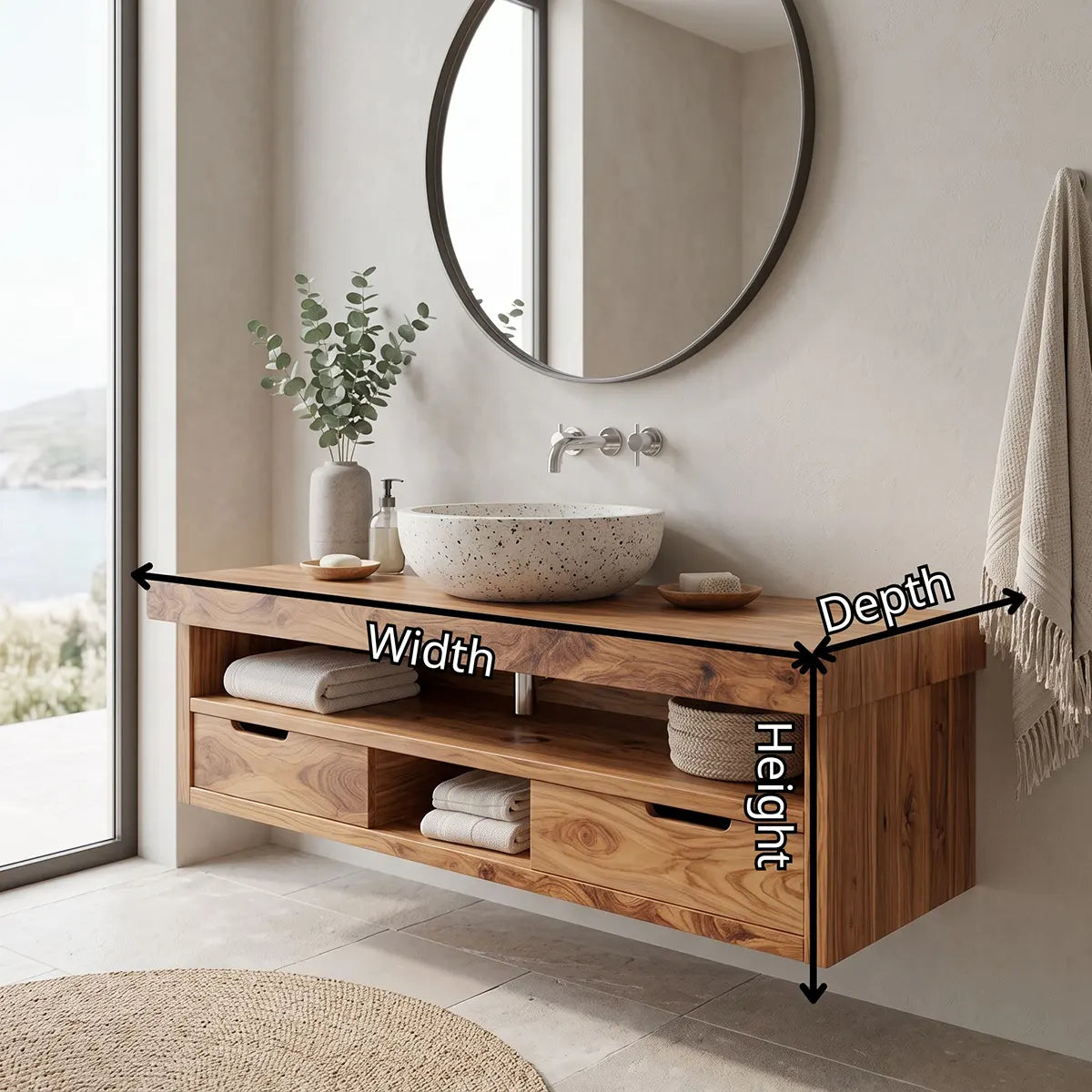 Floating Solid Wood Bathroom Vanity | Modern Bathroom Vanity with Double Drawers and Open Shelf TT006-4876